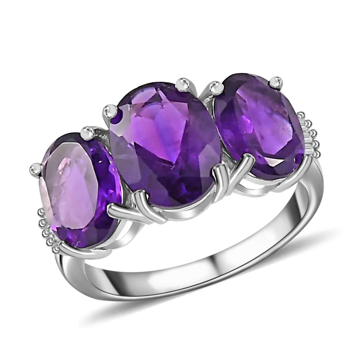 Amethyst Trilogy Ring, Diamond Accent Ring, Platinum Over Sterling Silver Ring, Purple Ring 4.00 ctw image number 0