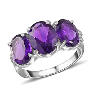 Amethyst Trilogy Ring, Diamond Accent Ring, Platinum Over Sterling Silver Ring, Purple Ring 4.00 ctw