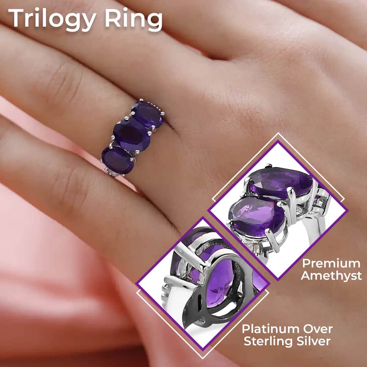 Amethyst Trilogy Ring, Diamond Accent Ring, Platinum Over Sterling Silver Ring, Purple Ring 4.00 ctw image number 2