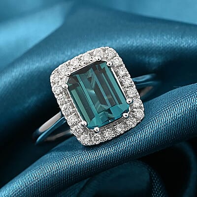 Certified & Appraised Rhapsody AAAA Monte Belo Indicolite and E-F VS Diamond 1.20 ctw Halo Ring in 950 Platinum (Size 7.0) 4.75 Grams