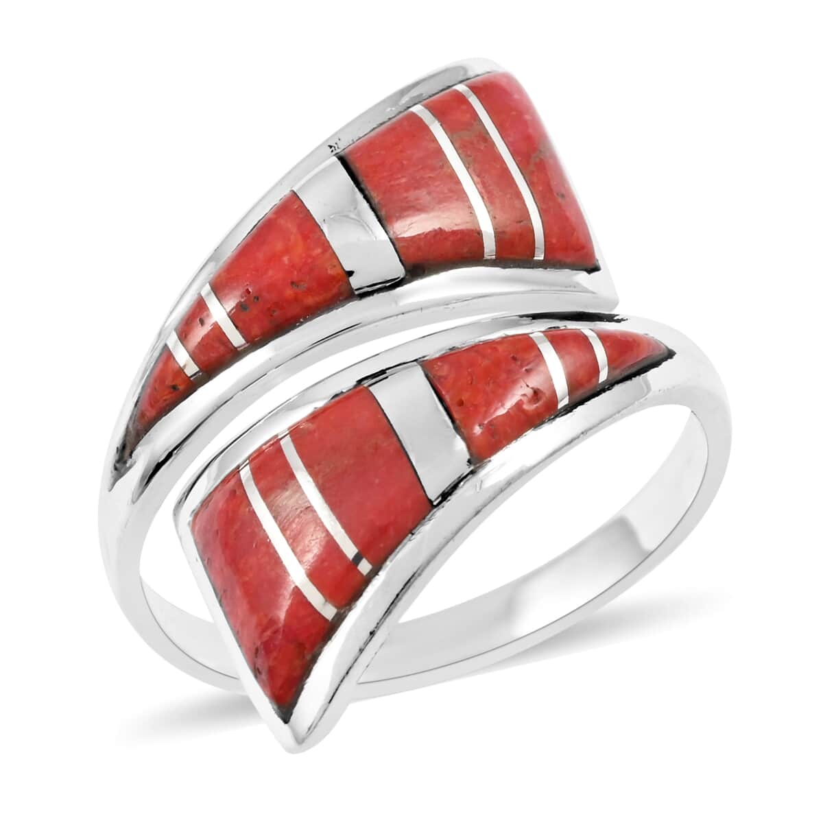 Santa Fe Style Coral Bypass Inlay Ring in Sterling Silver (Size 10.0) image number 0