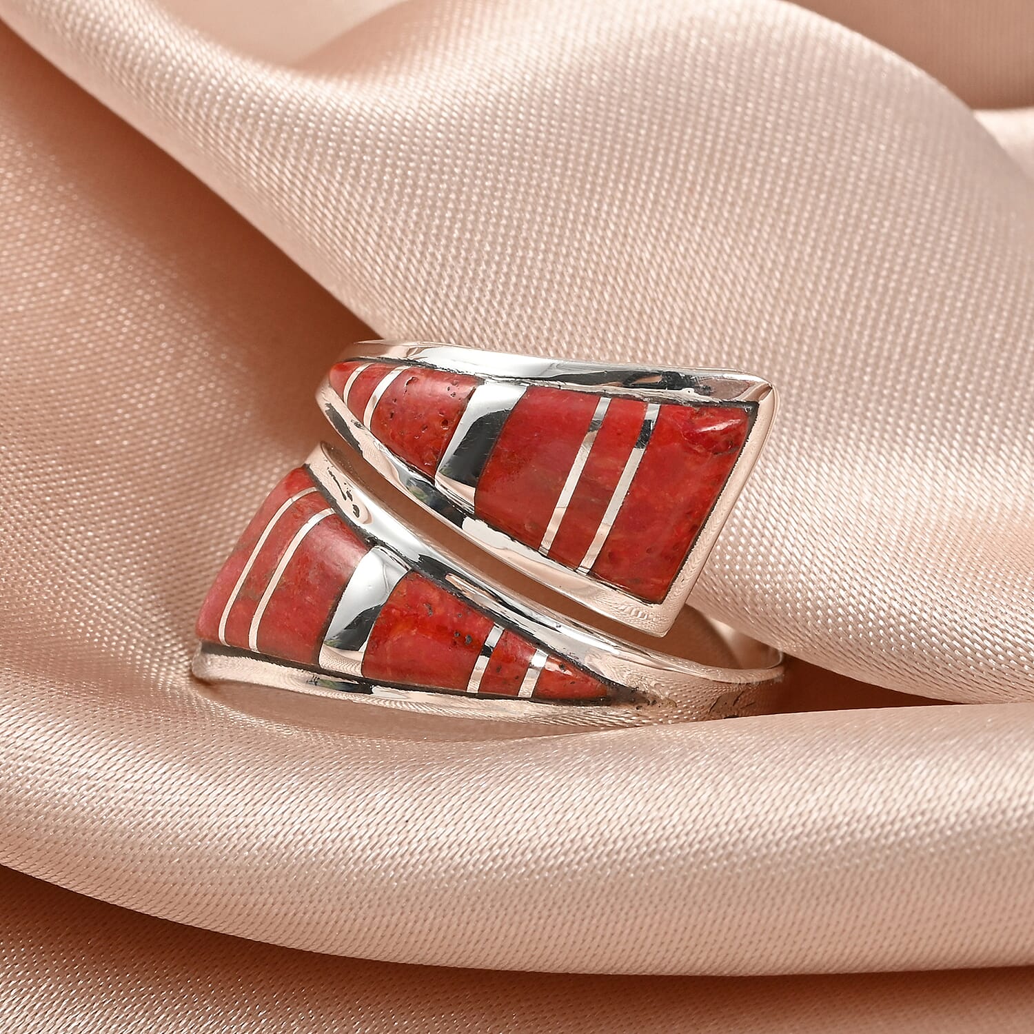 Santa Fe Style Coral Bypass Inlay Ring in Sterling Silver (Size 10.0)
