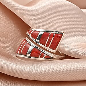 Santa Fe Style Coral Bypass Inlay Ring in Sterling Silver (Size 10.0)