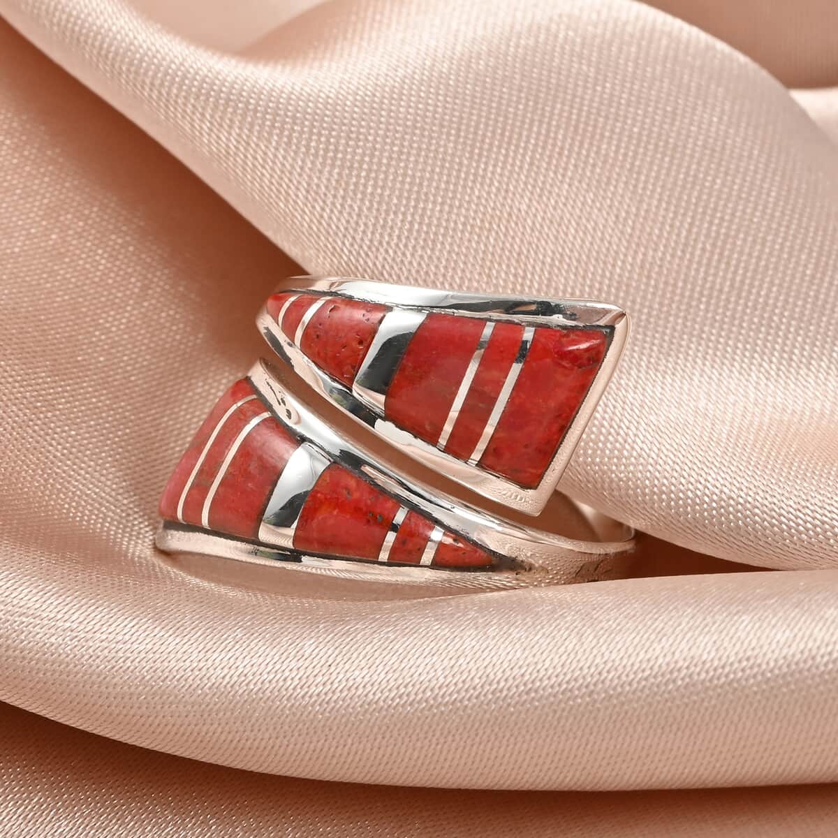 SANTA FE Style Coral Bypass Inlay Ring in Sterling Silver image number 1