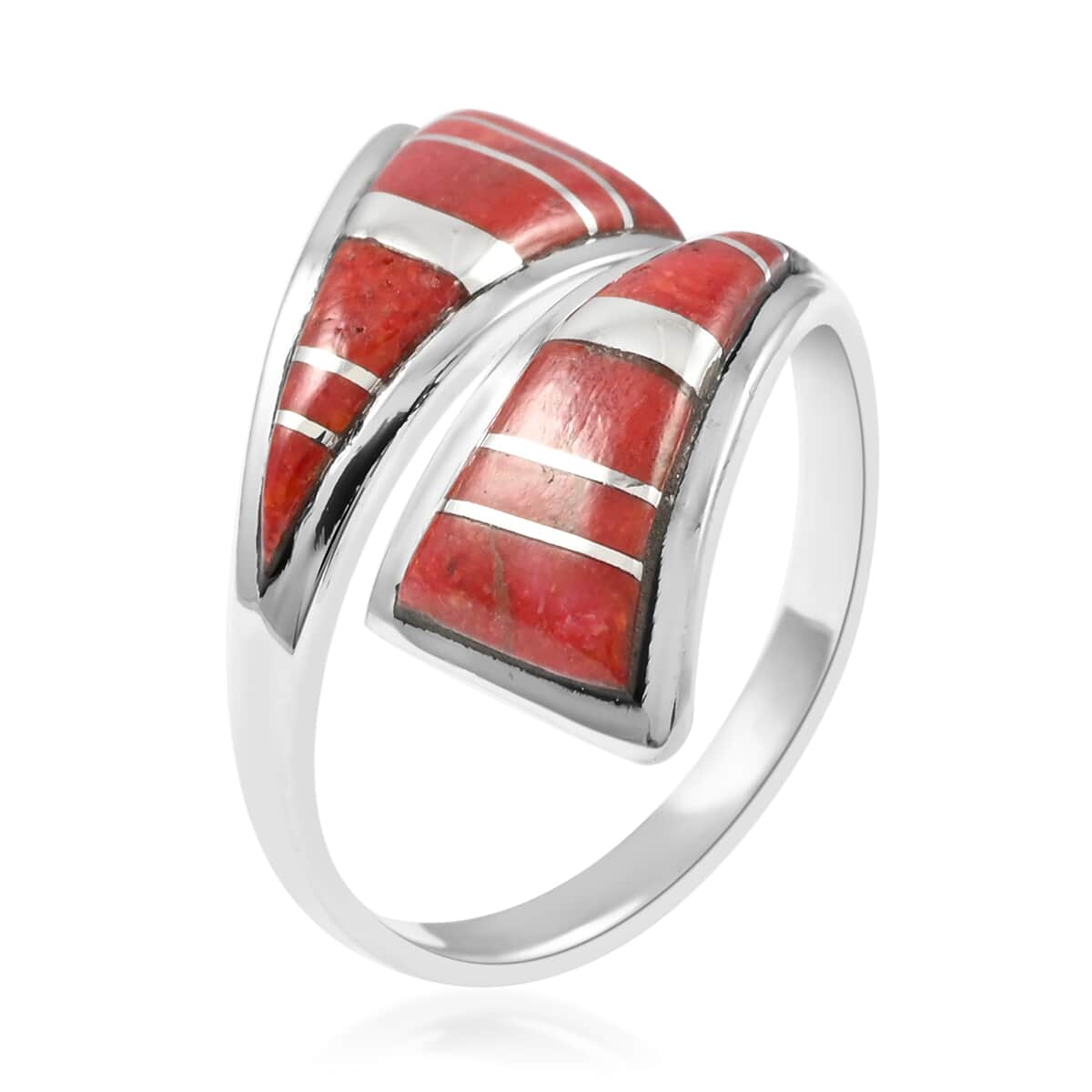 Santa Fe Style Coral Bypass Inlay Ring in Sterling Silver (Size 10.0) image number 3