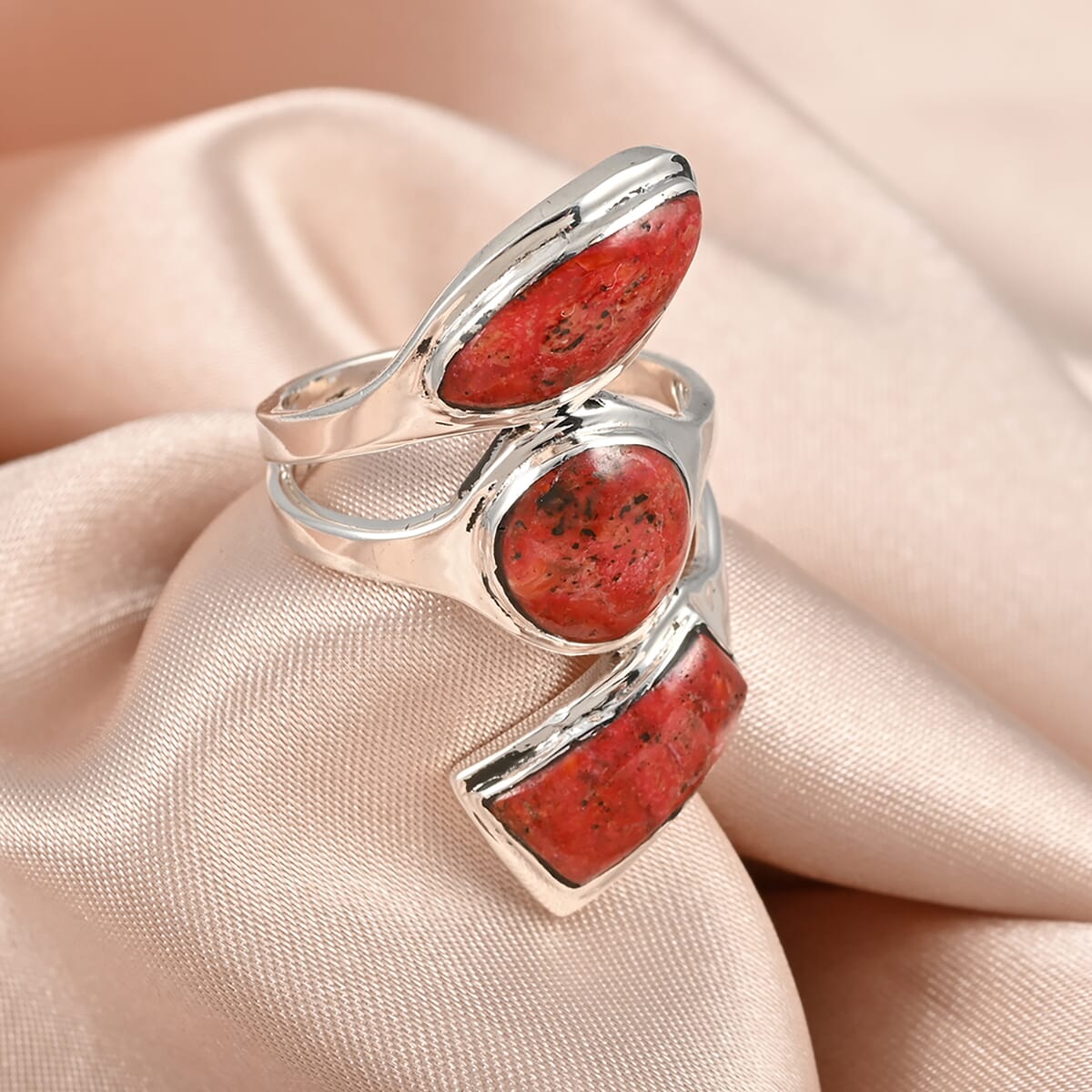 Santa Fe Style Coral Layered Look Ring in Sterling Silver (Size 9.0) image number 1