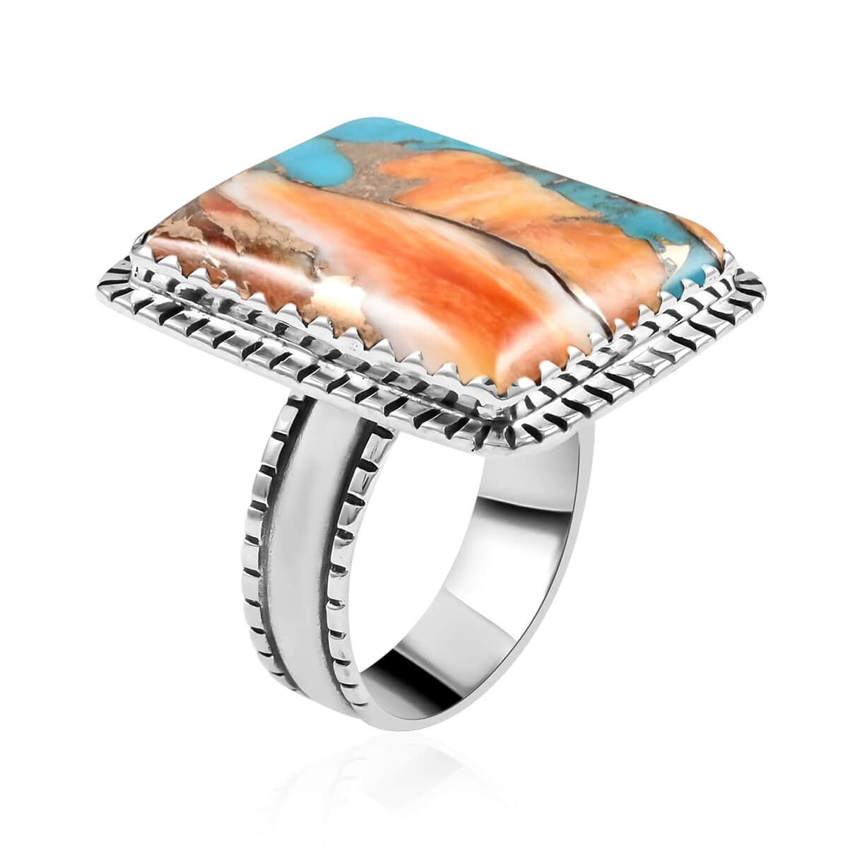 Santa Fe Style Spiny Turquoise Statement Ring in Sterling Silver (Size 10.0) 6.00 ctw image number 3