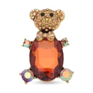 Multi Color Austrian Crystal and Brown Glass Teddy Bear Brooch in Goldtone