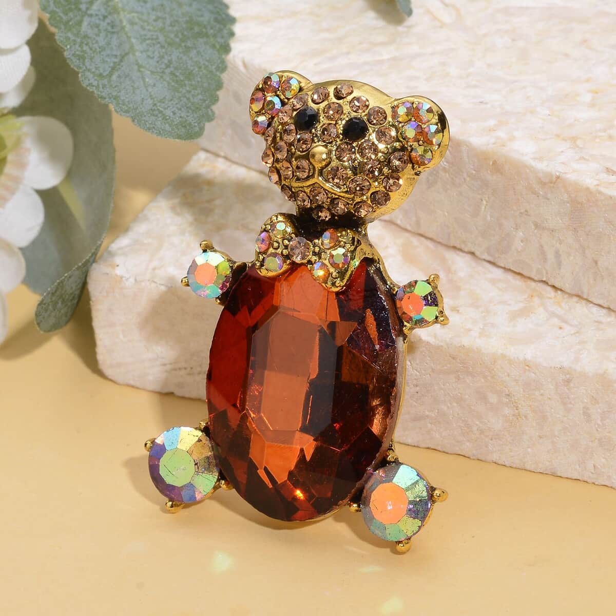 Multi Color Austrian Crystal and Brown Glass Teddy Bear Brooch in Goldtone image number 1