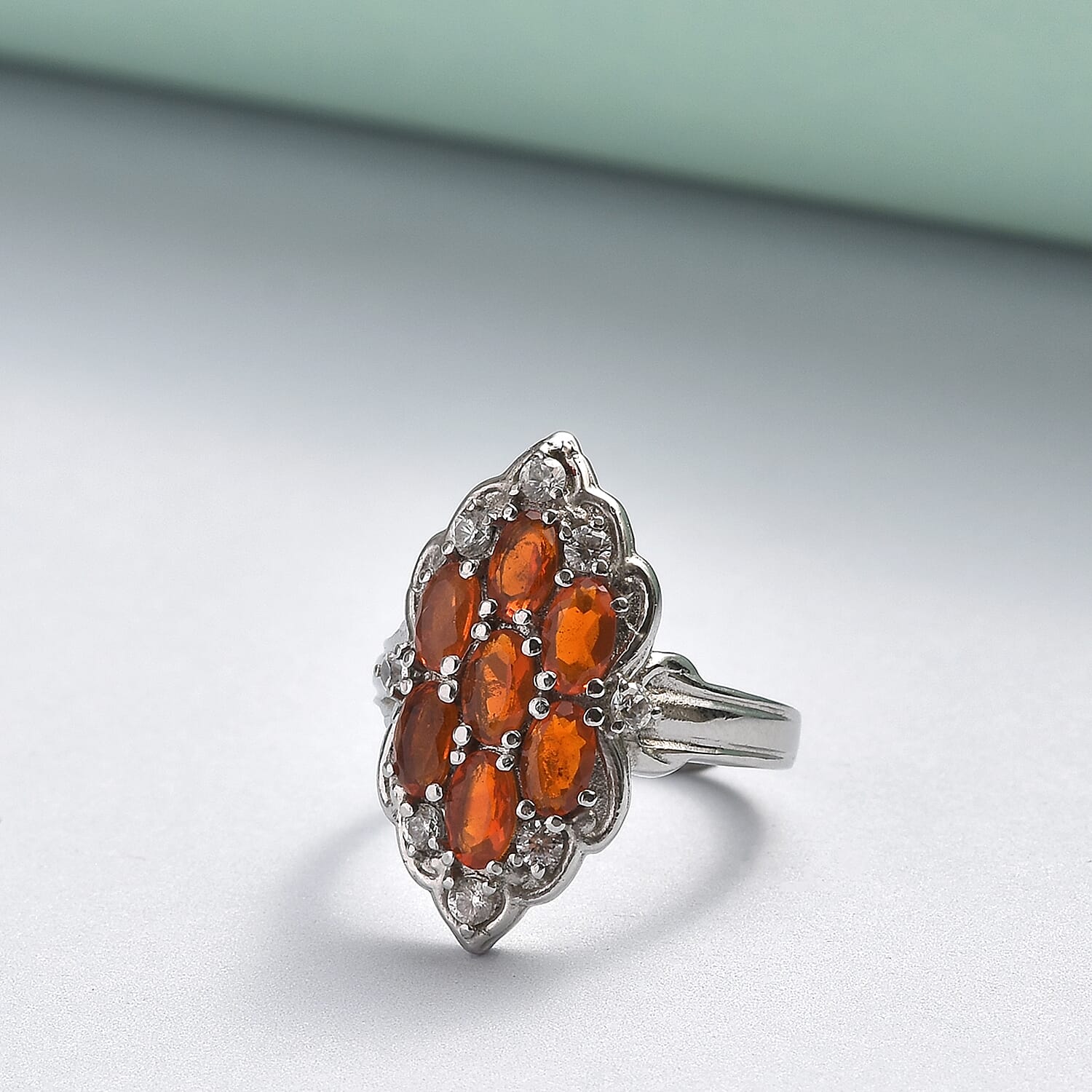 Jalisco Fire Opal and Natural White Zircon Cluster Ring in Stainless Steel (Size 5.0) 1.40 ctw
