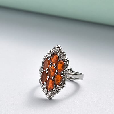 Jalisco Fire Opal and Natural White Zircon Cluster Ring in Stainless Steel (Size 5.0) 1.40 ctw