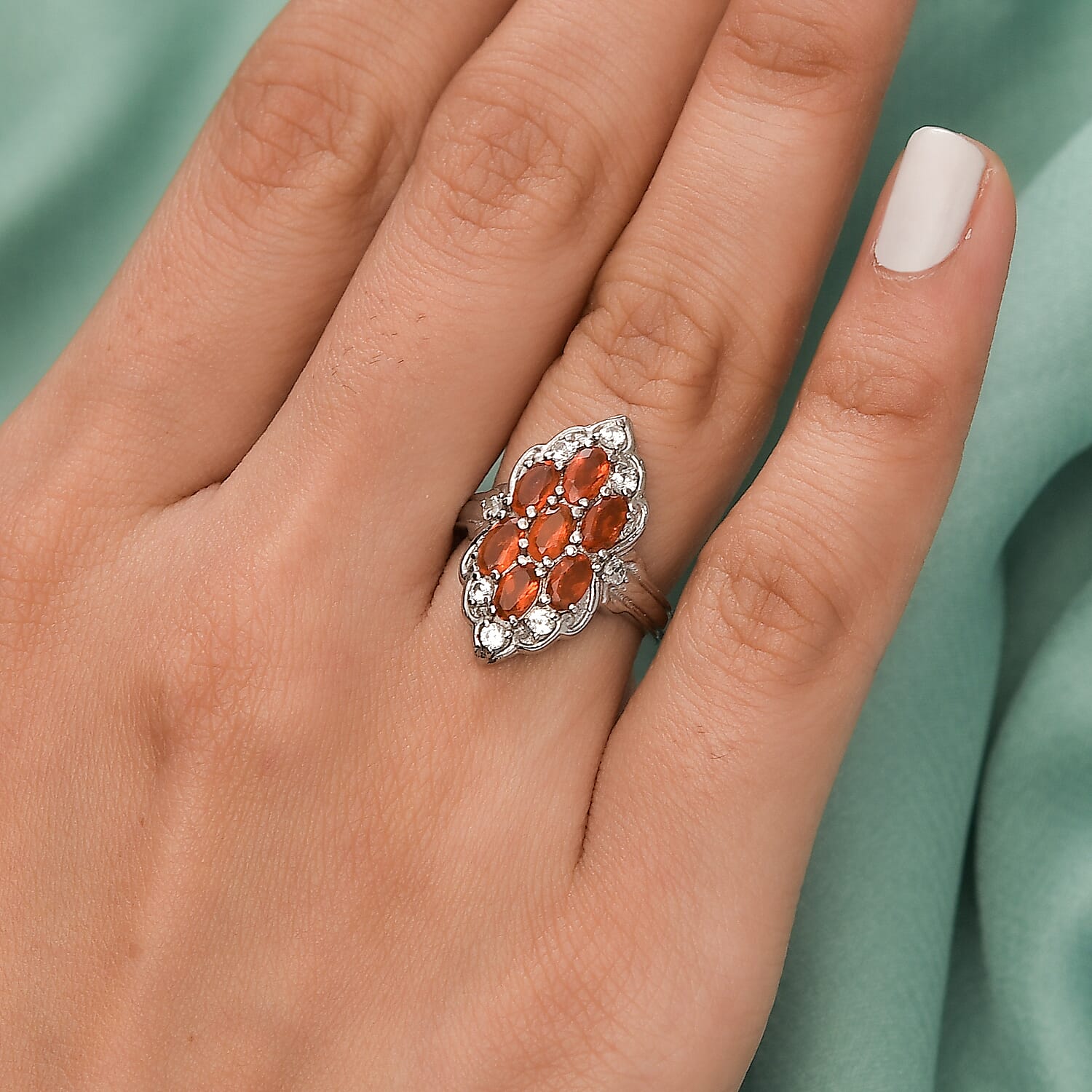 Jalisco Fire Opal and Natural White Zircon Cluster Ring in Stainless Steel (Size 5.0) 1.40 ctw