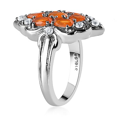 Jalisco Fire Opal and Natural White Zircon Cluster Ring in Stainless Steel (Size 5.0) 1.40 ctw