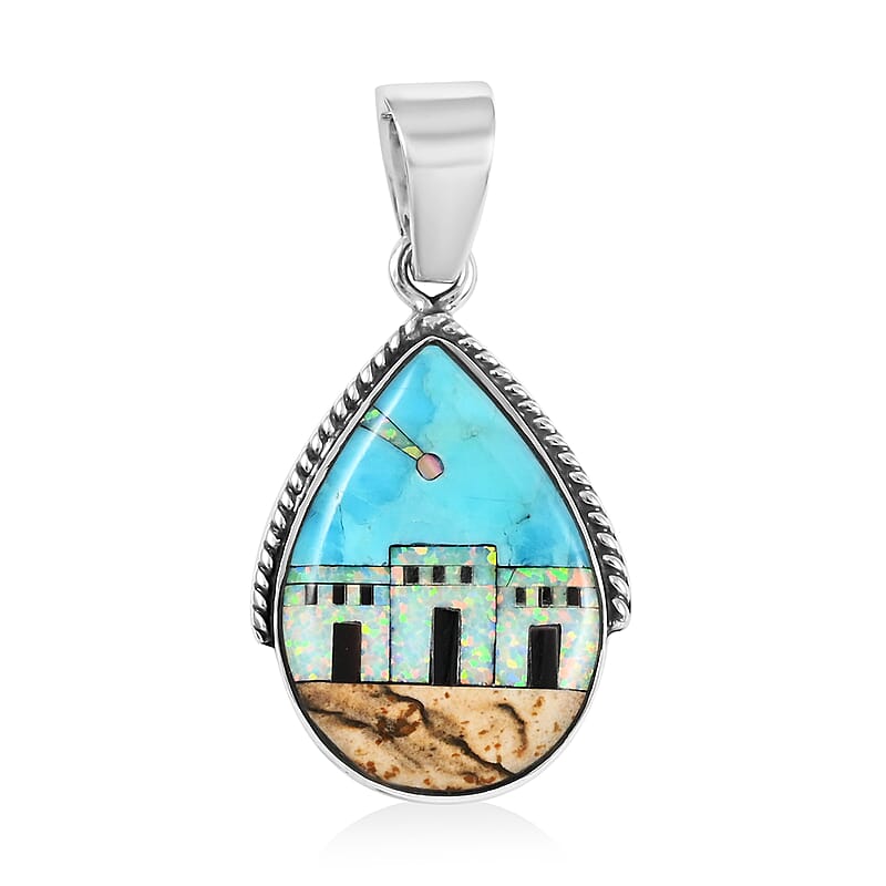 Santa Fe Style Kingman Turquoise and Multi Gemstone Pueblo Homes Pendant in Sterling Silver 4.65 ctw