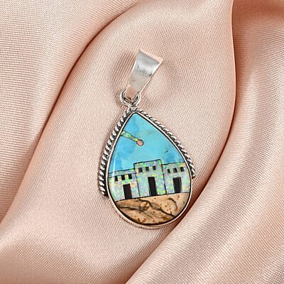 Santa Fe Style Kingman Turquoise and Multi Gemstone Pueblo Homes Pendant in Sterling Silver 4.65 ctw