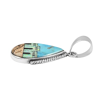 Santa Fe Style Kingman Turquoise and Multi Gemstone Pueblo Homes Pendant in Sterling Silver 4.65 ctw