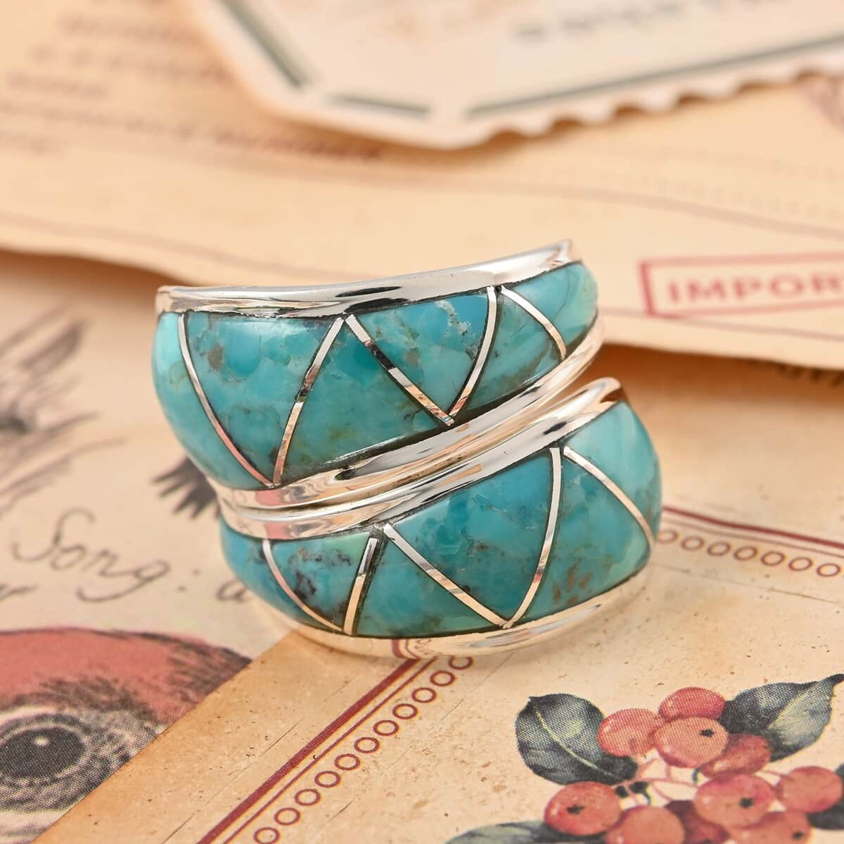 SANTA FE Style Kingman Turquoise Wrap Ring in Sterling Silver 3.85 ctw image number 1