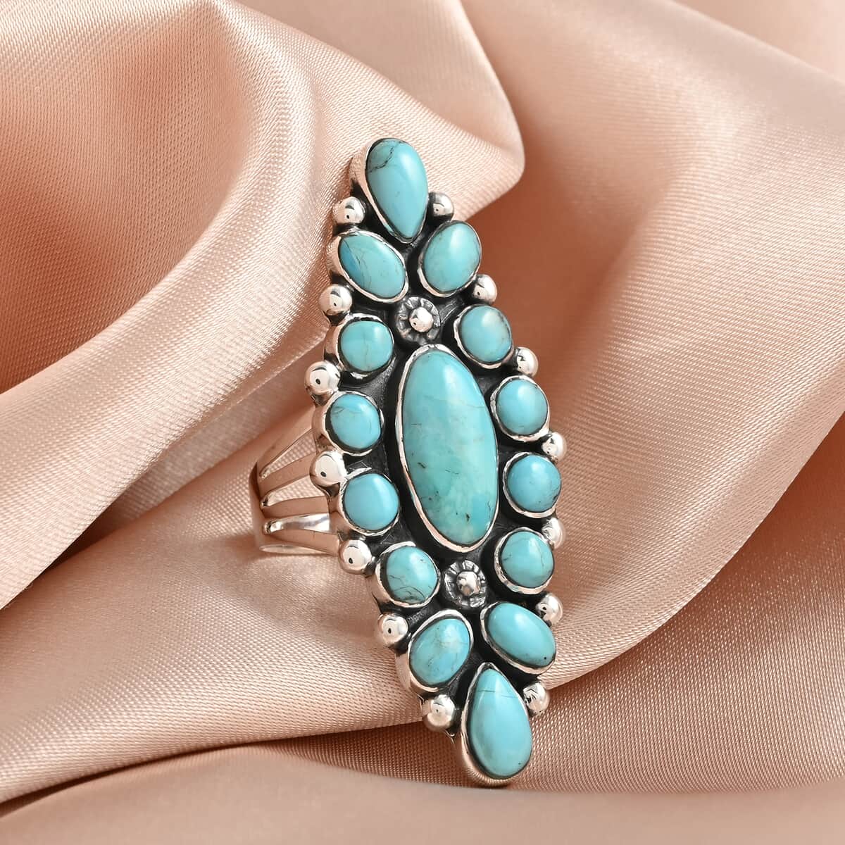 SANTA FE Style Kingman Turquoise Elongated Ring in Sterling Silver 9.35 Grams 1.00 ctw image number 1