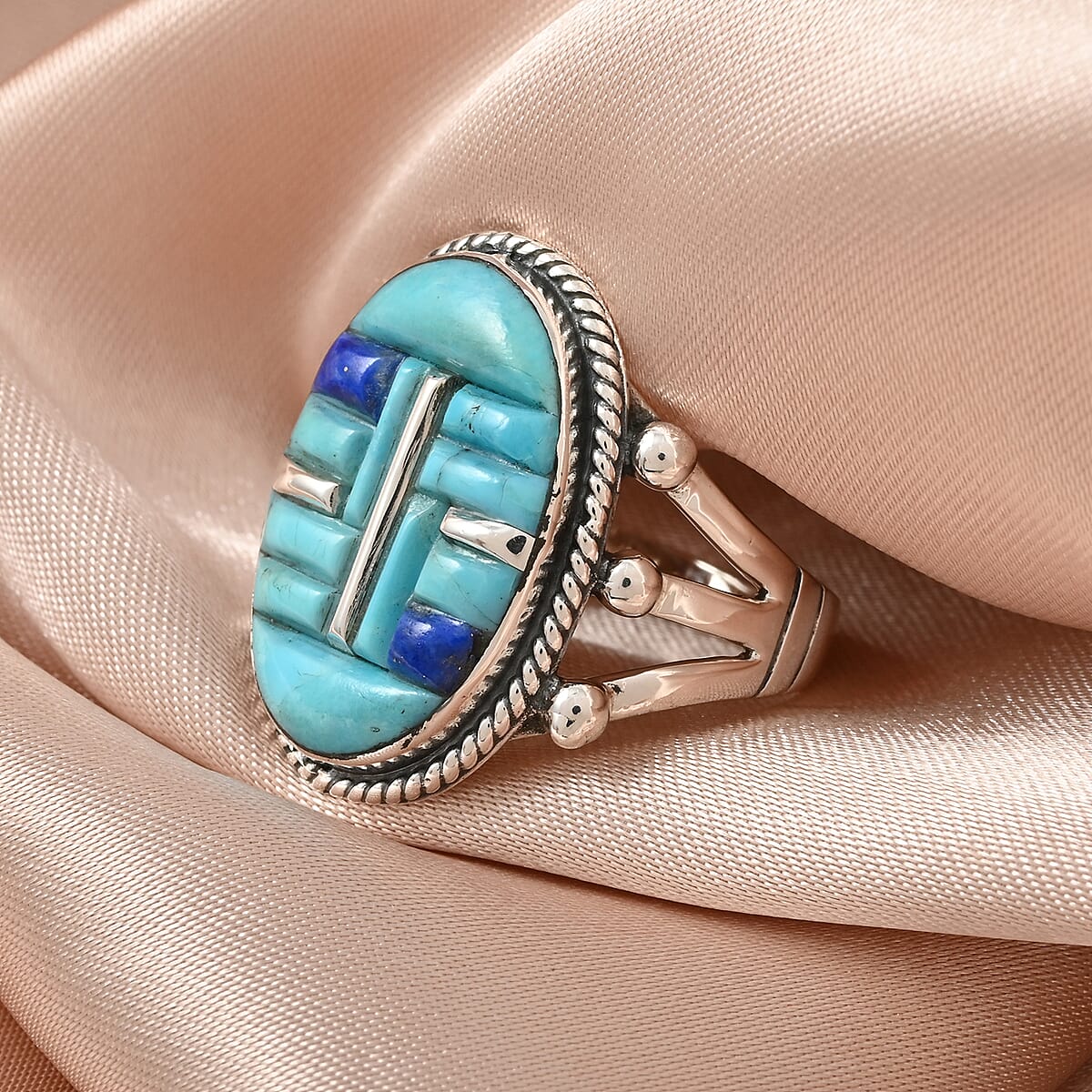 SANTA FE Style Kingman Turquoise and Lapis Lazuli Ring in Sterling Silver 7.25 ctw image number 1