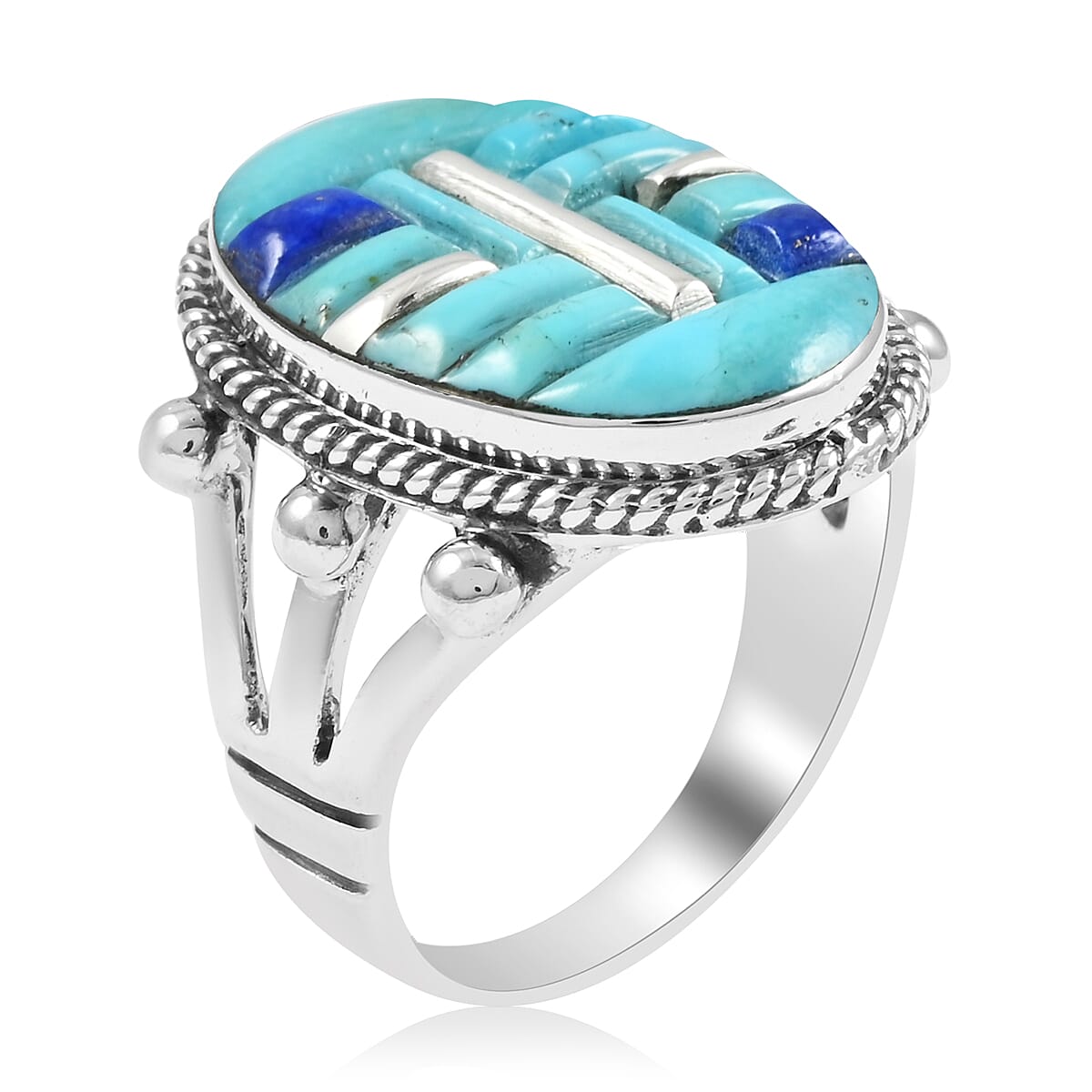 SANTA FE Style Kingman Turquoise and Lapis Lazuli Ring in Sterling Silver 7.25 ctw image number 3