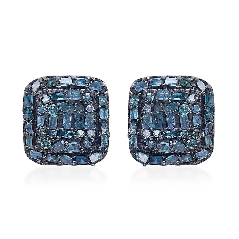 Blue Diamond Stud Earrings in Rhodium and Platinum Over Sterling Silver 0.50 ctw