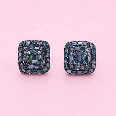 Blue Diamond Stud Earrings in Rhodium and Platinum Over Sterling Silver 0.50 ctw