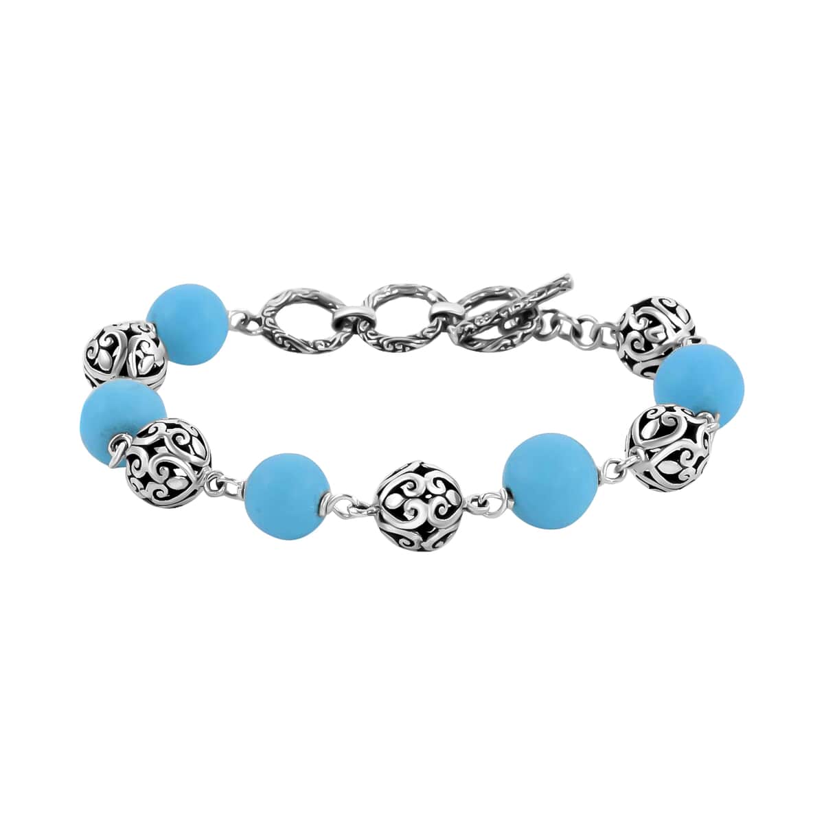Bali Legacy Constituted Sleeping Beauty Turquoise Toggle Clasp Fleur De Lis Heart Bracelet in Sterling Silver (7.0-8.0In) 32.10 ctw image number 0