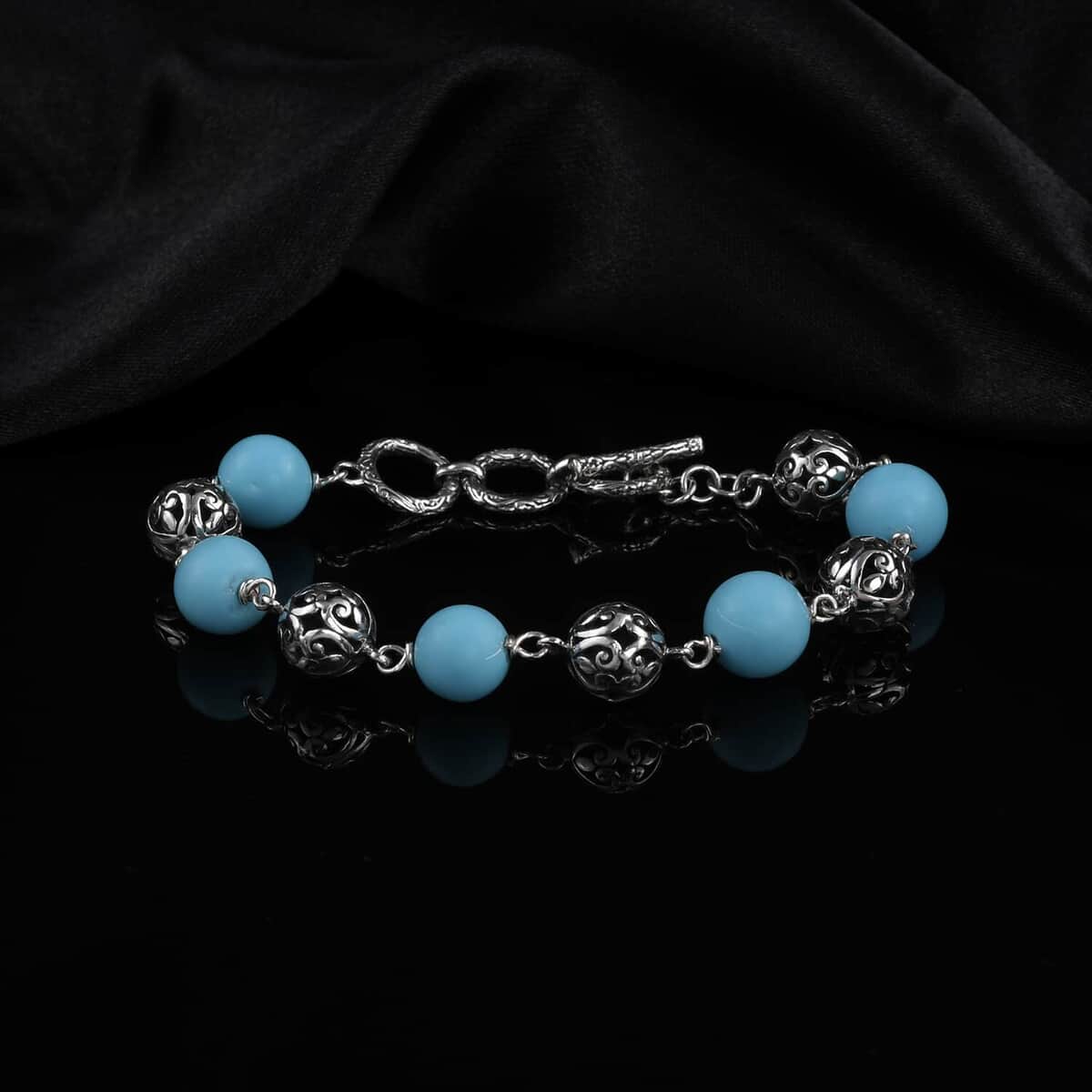 Bali Legacy Constituted Sleeping Beauty Turquoise Toggle Clasp Fleur De Lis Heart Bracelet in Sterling Silver (7.0-8.0In) 32.10 ctw image number 1
