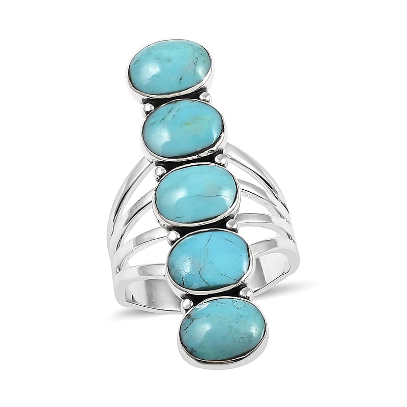Santa Fe Style Kingman Turquoise 5 Stone Ring in Sterling Silver (Size 10.0) 7.10 Grams 3.00 ctw