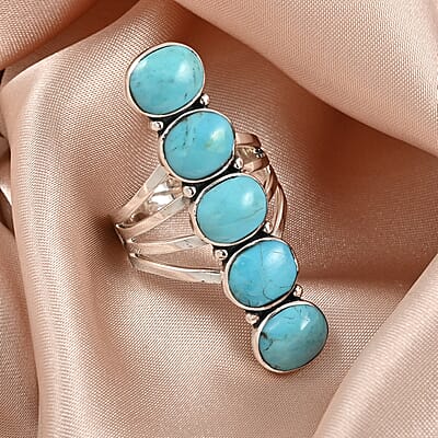 Santa Fe Style Kingman Turquoise 5 Stone Ring in Sterling Silver (Size 10.0) 7.10 Grams 3.00 ctw