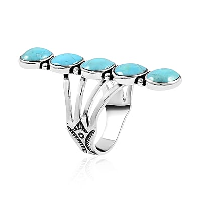 Santa Fe Style Kingman Turquoise 5 Stone Ring in Sterling Silver (Size 10.0) 7.10 Grams 3.00 ctw