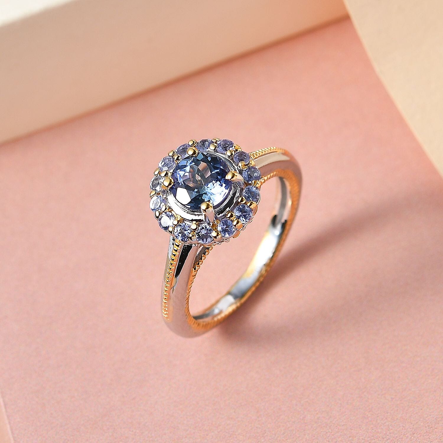 Peacock Tanzanite, Tanzanite and Natural White Zircon Floral Ring in Vermeil Yellow Gold and Platinum Over Sterling Silver (Size 10.0) 1.60 ctw