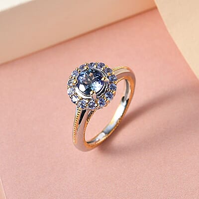 Peacock Tanzanite, Tanzanite and Natural White Zircon Floral Ring in Vermeil Yellow Gold and Platinum Over Sterling Silver (Size 10.0) 1.60 ctw