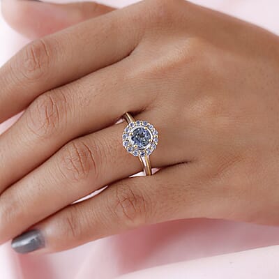 Peacock Tanzanite, Tanzanite and Natural White Zircon Floral Ring in Vermeil Yellow Gold and Platinum Over Sterling Silver (Size 10.0) 1.60 ctw