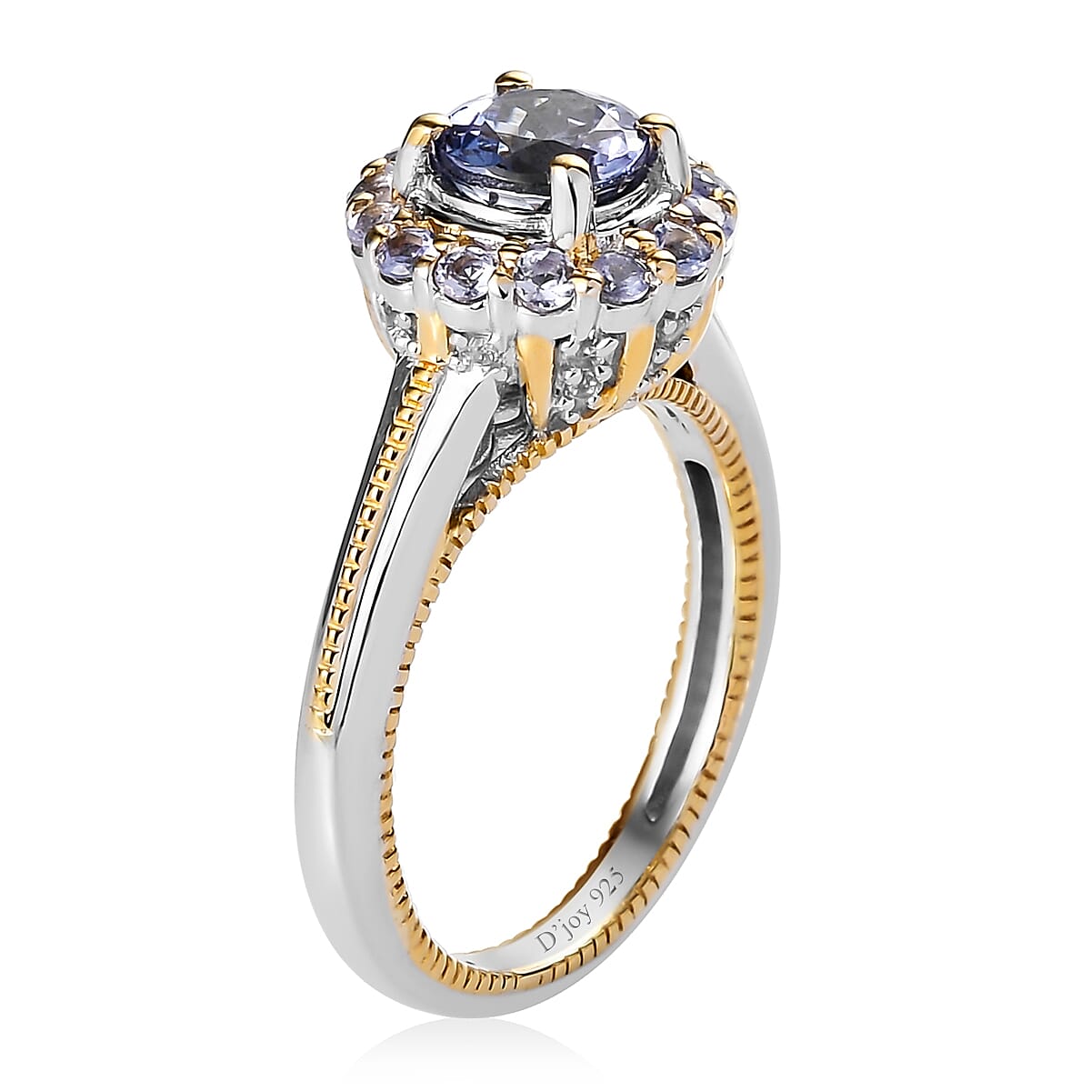 Peacock Tanzanite, Tanzanite and Natural White Zircon Floral Ring in Vermeil Yellow Gold and Platinum Over Sterling Silver (Size 10.0) 1.60 ctw