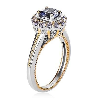 Peacock Tanzanite, Tanzanite and Natural White Zircon Floral Ring in Vermeil Yellow Gold and Platinum Over Sterling Silver (Size 10.0) 1.60 ctw