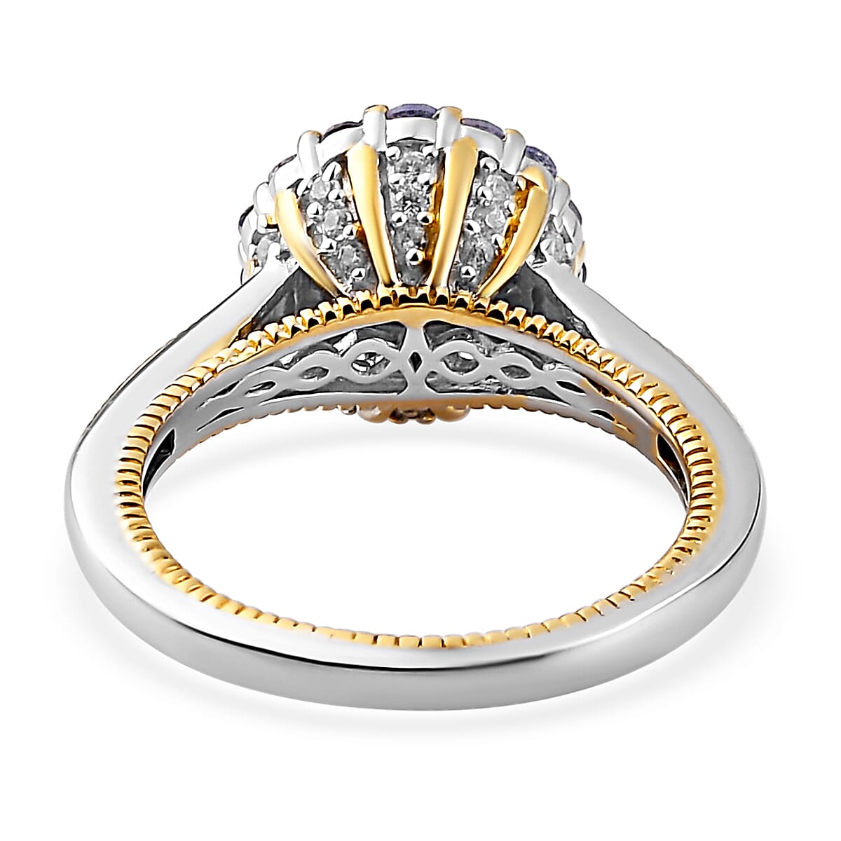 Peacock Tanzanite, Tanzanite and Natural White Zircon Floral Ring in Vermeil Yellow Gold and Platinum Over Sterling Silver (Size 10.0) 1.60 ctw