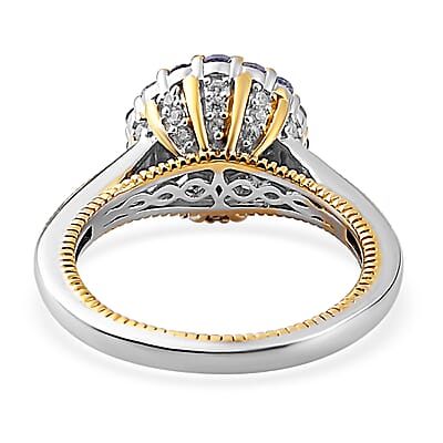 Peacock Tanzanite, Tanzanite and Natural White Zircon Floral Ring in Vermeil Yellow Gold and Platinum Over Sterling Silver (Size 10.0) 1.60 ctw