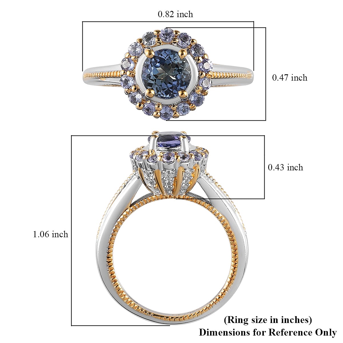 Peacock Tanzanite, Tanzanite and Natural White Zircon Floral Ring in Vermeil Yellow Gold and Platinum Over Sterling Silver (Size 10.0) 1.60 ctw