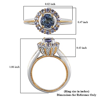Peacock Tanzanite, Tanzanite and Natural White Zircon Floral Ring in Vermeil Yellow Gold and Platinum Over Sterling Silver (Size 10.0) 1.60 ctw