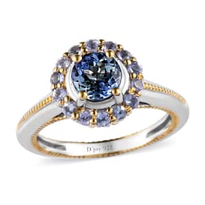 Peacock Tanzanite, Tanzanite and White Zircon Floral Ring in Vermeil Yellow Gold and Platinum Over Sterling Silver (Size 8.0) 1.60 ctw
