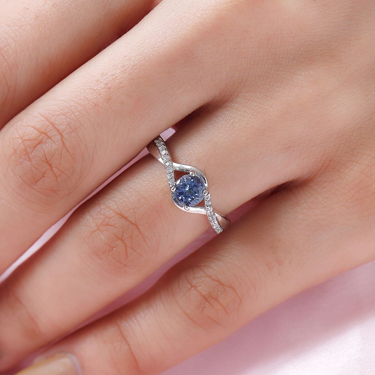 Peacock Tanzanite and Natural White Zircon Infinity Ring in Platinum Over Sterling Silver (Size 8.0) 0.85 ctw image number 2