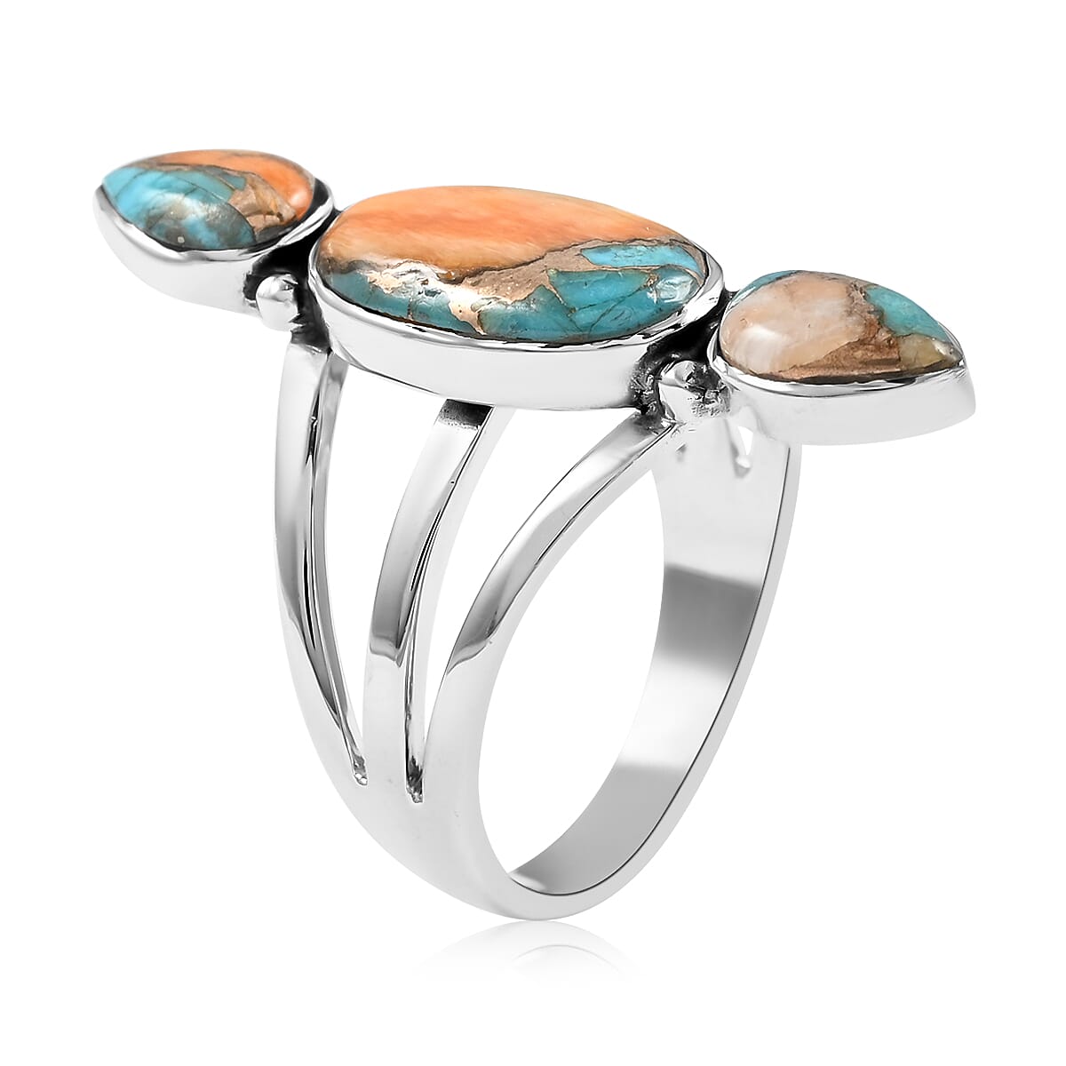 SANTA FE Style Spiny Turquoise 3 Stone Ring in Sterling Silver (Size 10.0) 0.65 ctw image number 3
