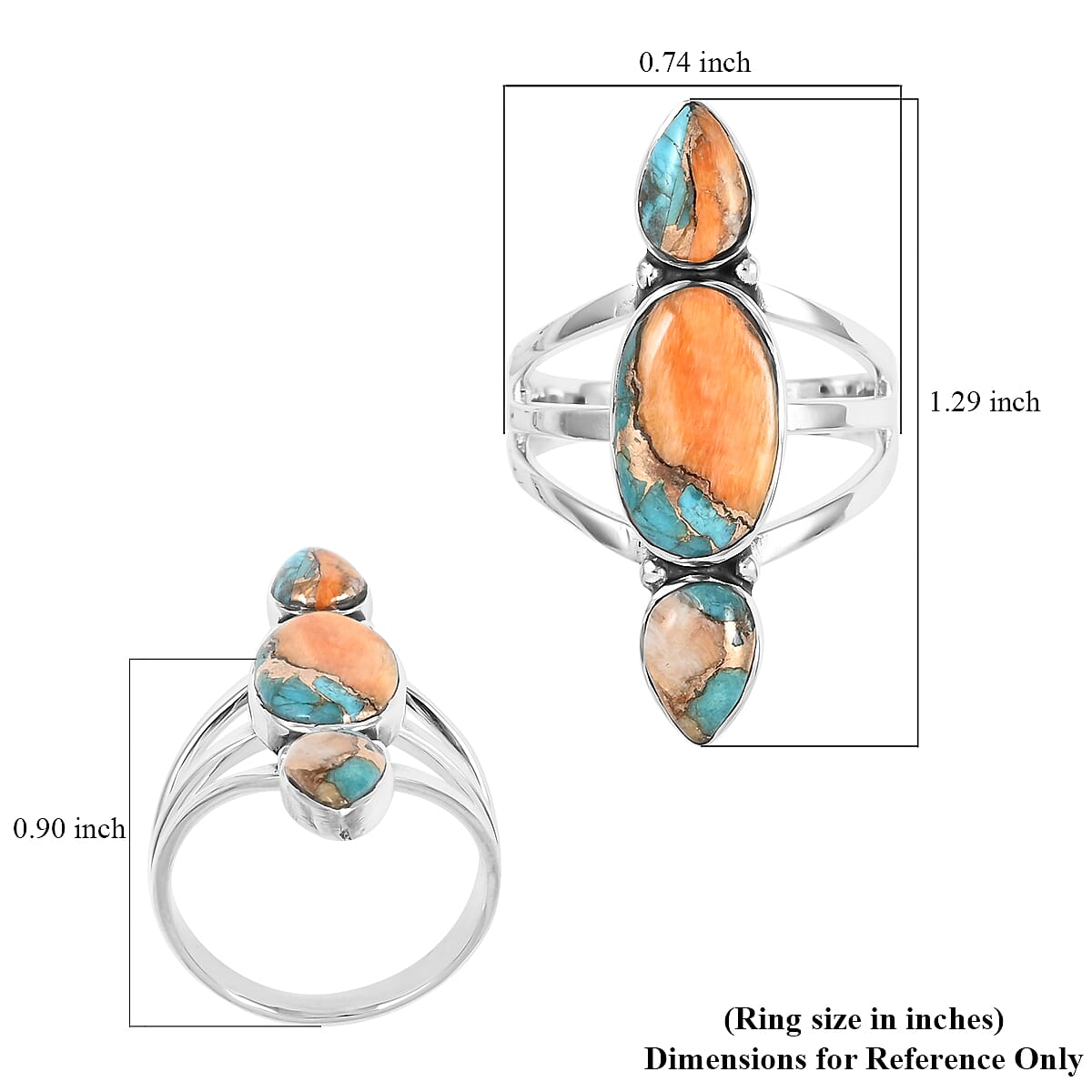 SANTA FE Style Spiny Turquoise 3 Stone Ring in Sterling Silver (Size 10.0) 0.65 ctw image number 4