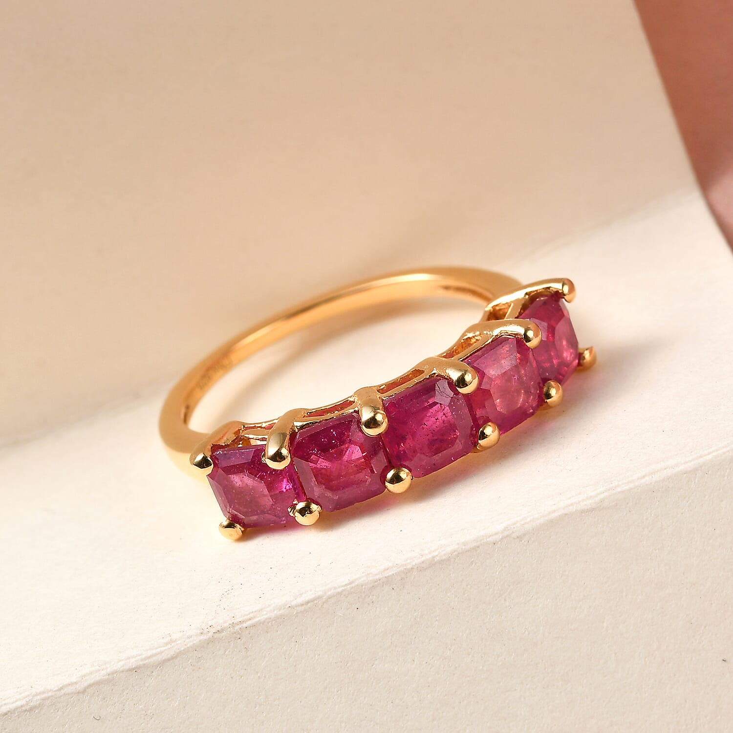 Asscher Cut Niassa Ruby 5 Stone Ring in Vermeil Yellow Gold Over Sterling Silver (Size 10.0) 2.75 ctw