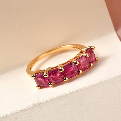 Asscher Cut Niassa Ruby 5 Stone Ring in Vermeil Yellow Gold Over Sterling Silver (Size 10.0) 2.75 ctw