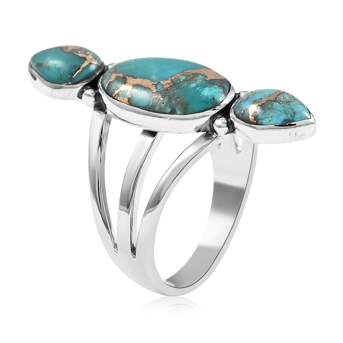 Santa Fe Style Mojave Turquoise 3 Stone Ring in Sterling Silver (Size 7.0) 1.30 ctw image number 3