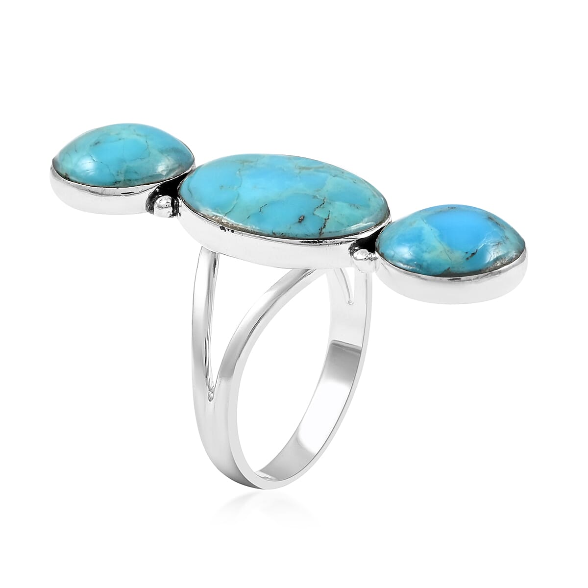 Santa Fe Style Kingman Turquoise 3 Stone Ring in Sterling Silver (Size 7.0) 6.00 ctw image number 3