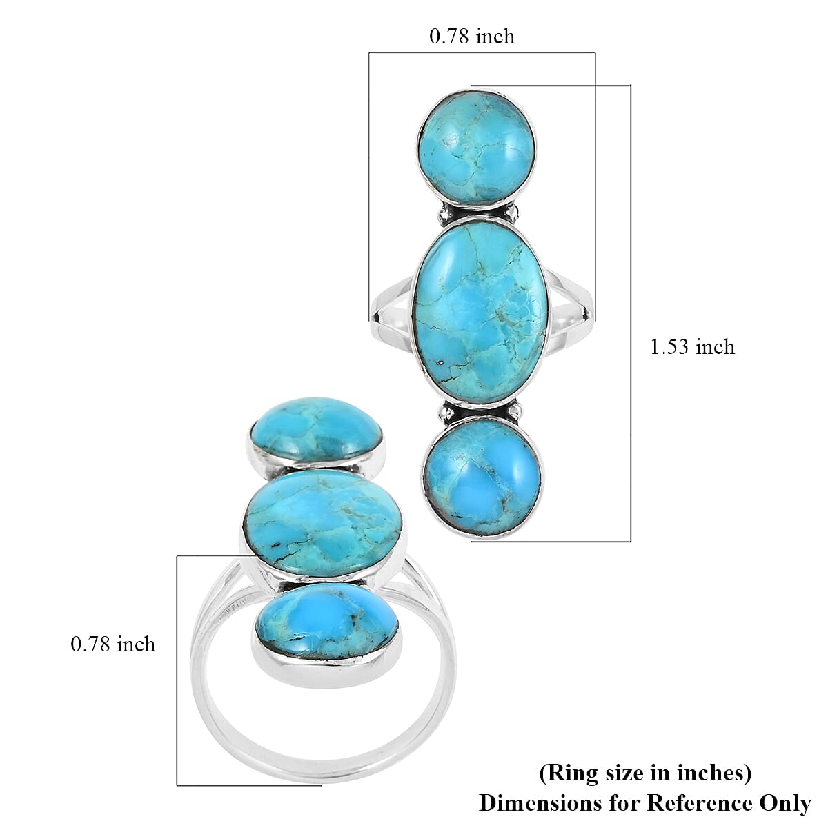 Santa Fe Style Kingman Turquoise 3 Stone Ring in Sterling Silver (Size 7.0) 6.00 ctw image number 4