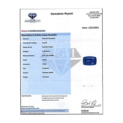 Certified and Appraised AAAA Tanzanite (Cush Free Size) 2.50 ctw